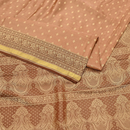 Indian Vintage Sari Brown & Beige Heavy Pure Satin Silk Woven Banarasi Tanchoi Saree 5Yd Ethnic Craft Fabric Upcycle Bridal Heavy Sarees