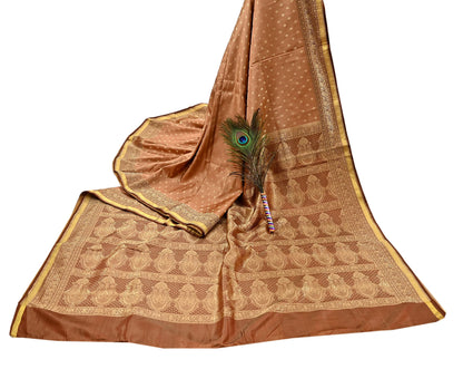 Indian Vintage Sari Brown & Beige Heavy Pure Satin Silk Woven Banarasi Tanchoi Saree 5Yd Ethnic Craft Fabric Upcycle Bridal Heavy Sarees