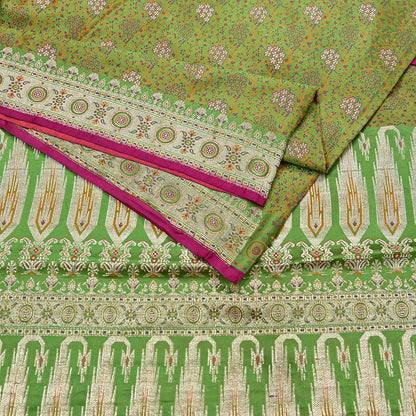 Indian Vintage Sari Green Heavy Pure Satin Silk Woven Banarasi Tanchoi Saree 5Yd Ethnic Craft Fabric Upcycle Bridal Heavy Sarees