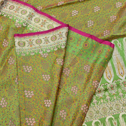 Indian Vintage Sari Green Heavy Pure Satin Silk Woven Banarasi Tanchoi Saree 5Yd Ethnic Craft Fabric Upcycle Bridal Heavy Sarees