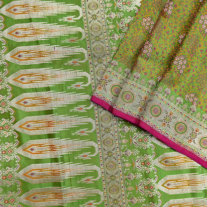 Indian Vintage Sari Green Heavy Pure Satin Silk Woven Banarasi Tanchoi Saree 5Yd Ethnic Craft Fabric Upcycle Bridal Heavy Sarees