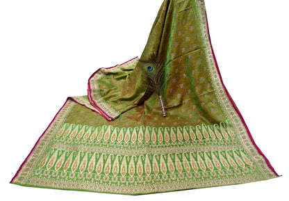 Indian Vintage Sari Green Heavy Pure Satin Silk Woven Banarasi Tanchoi Saree 5Yd Ethnic Craft Fabric Upcycle Bridal Heavy Sarees
