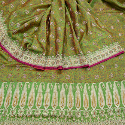 Indian Vintage Sari Green Heavy Pure Satin Silk Woven Banarasi Tanchoi Saree 5Yd Ethnic Craft Fabric Upcycle Bridal Heavy Sarees