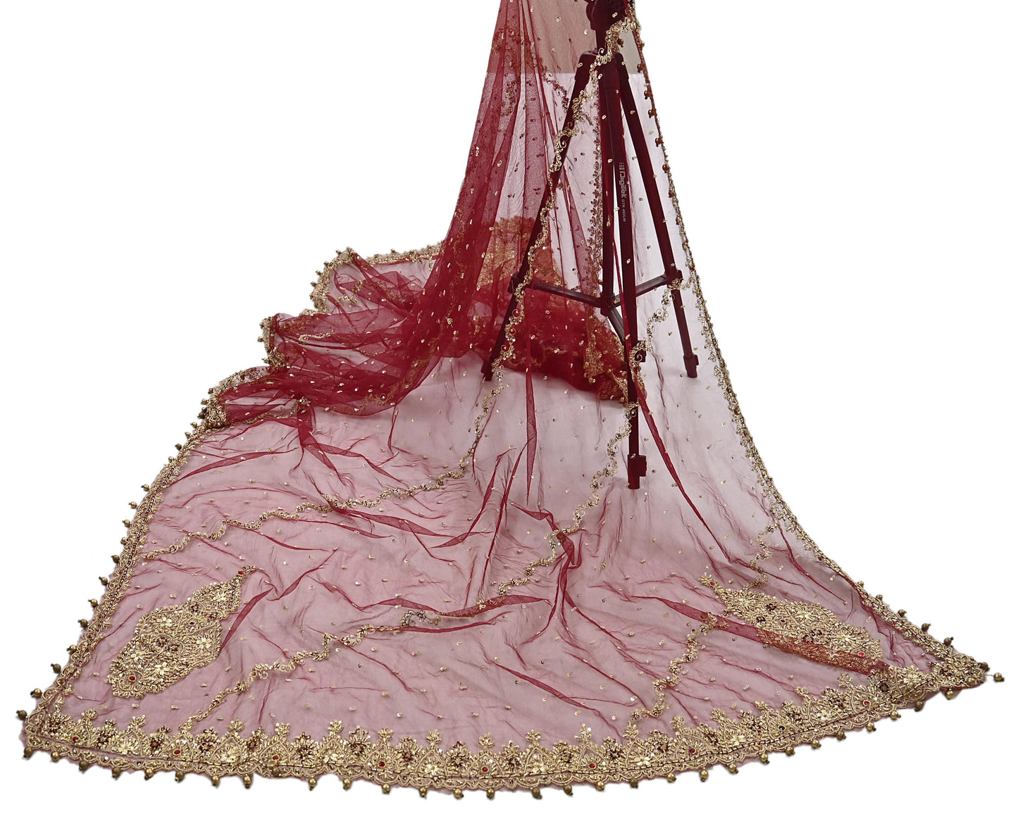 Indian Vintage Heavy Wedding Maroon Dupatta Net Mesh Long Stole Hand Embroidered Scarves Golden Zardozi Zari Sequins Dridal Veil Hijab