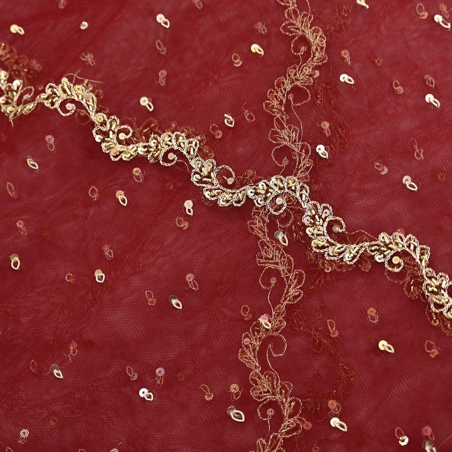 Indian Vintage Heavy Wedding Maroon Dupatta Net Mesh Long Stole Hand Embroidered Scarves Golden Zardozi Zari Sequins Dridal Veil Hijab