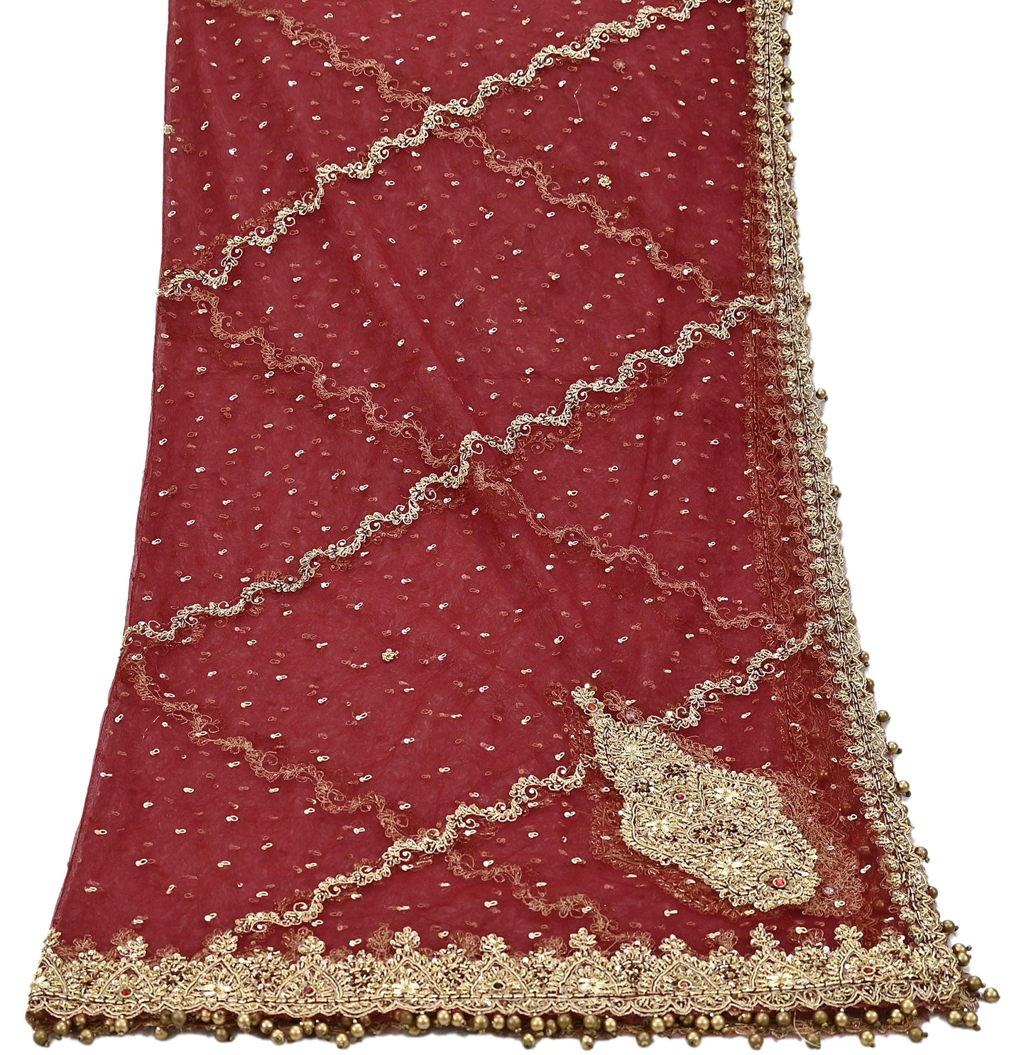 Indian Vintage Heavy Wedding Maroon Dupatta Net Mesh Long Stole Hand Embroidered Scarves Golden Zardozi Zari Sequins Dridal Veil Hijab