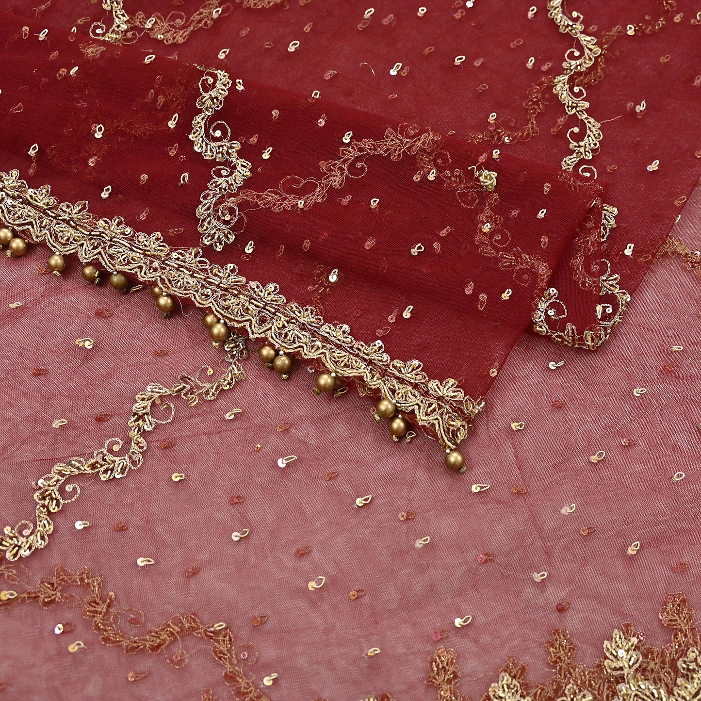 Indian Vintage Heavy Wedding Maroon Dupatta Net Mesh Long Stole Hand Embroidered Scarves Golden Zardozi Zari Sequins Dridal Veil Hijab