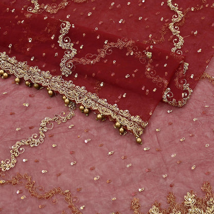 Indian Vintage Heavy Wedding Maroon Dupatta Net Mesh Long Stole Hand Embroidered Scarves Golden Zardozi Zari Sequins Dridal Veil Hijab