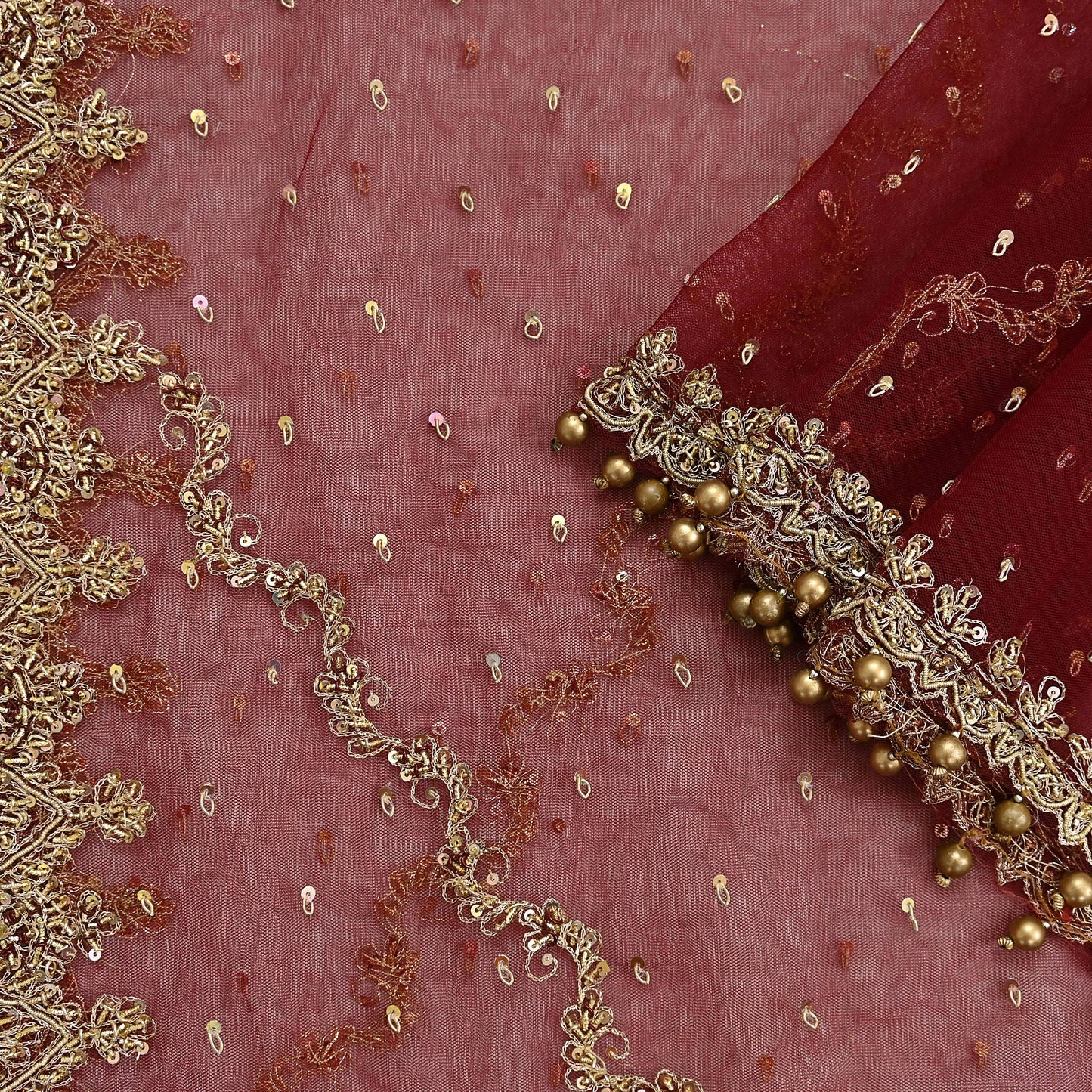 Indian Vintage Heavy Wedding Maroon Dupatta Net Mesh Long Stole Hand Embroidered Scarves Golden Zardozi Zari Sequins Dridal Veil Hijab