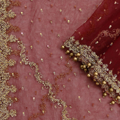 Indian Vintage Heavy Wedding Maroon Dupatta Net Mesh Long Stole Hand Embroidered Scarves Golden Zardozi Zari Sequins Dridal Veil Hijab