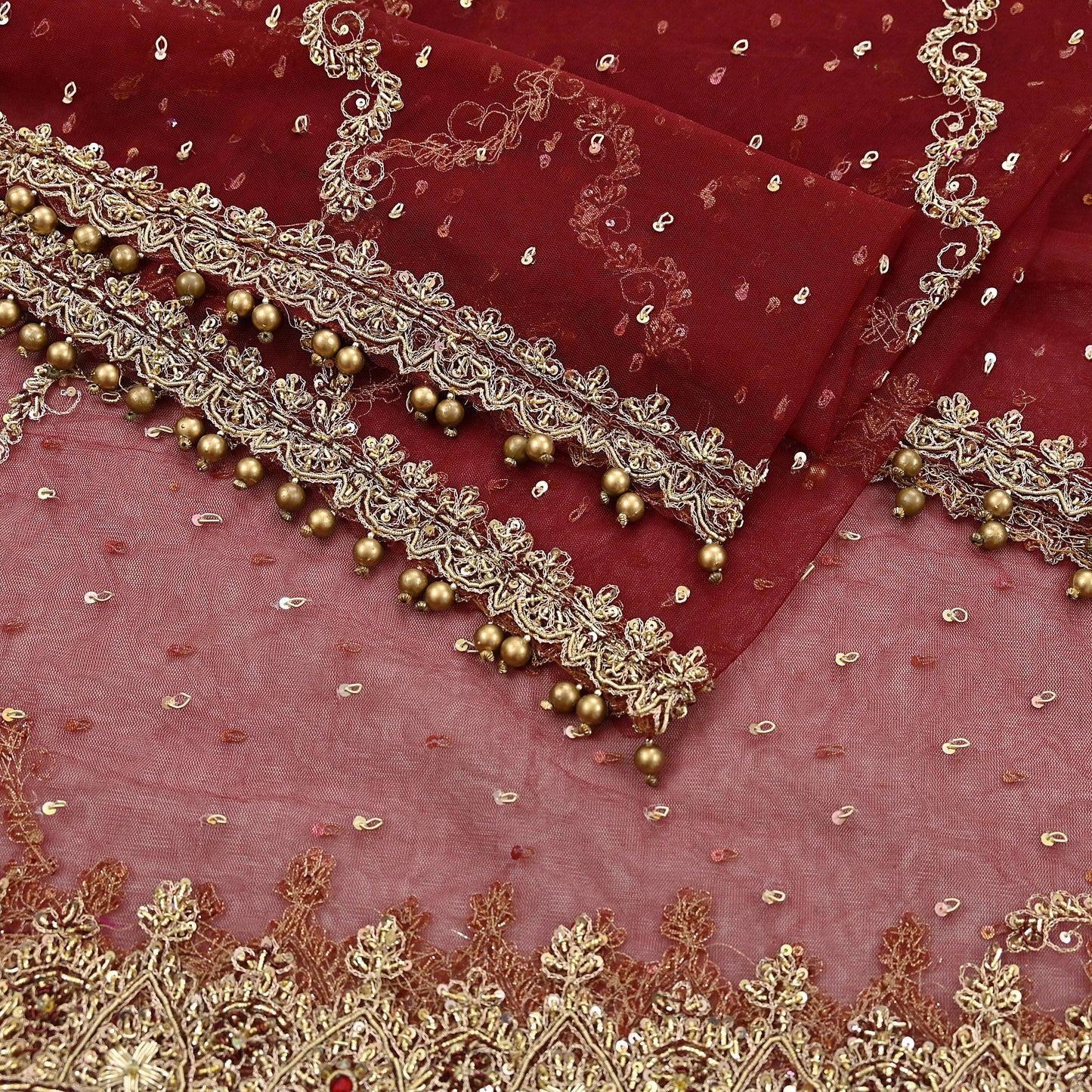 Indian Vintage Heavy Wedding Maroon Dupatta Net Mesh Long Stole Hand Embroidered Scarves Golden Zardozi Zari Sequins Dridal Veil Hijab