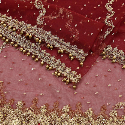 Indian Vintage Heavy Wedding Maroon Dupatta Net Mesh Long Stole Hand Embroidered Scarves Golden Zardozi Zari Sequins Dridal Veil Hijab