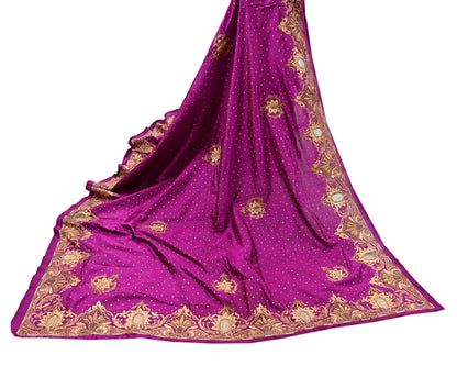Indian Vintage Heavy Purple Dupatta Pure Silk Long Stole Hand Embroidered Scarves Dabka Zardozi Zari Stole