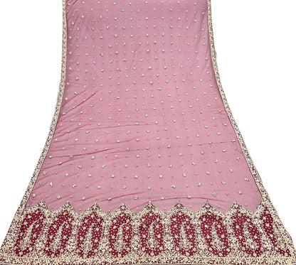 Indian Vintage Heavy Red Dupatta Net Mesh Long Stole Hand Embroidered Scarves Golden Zardozi Zari Sequins Stole