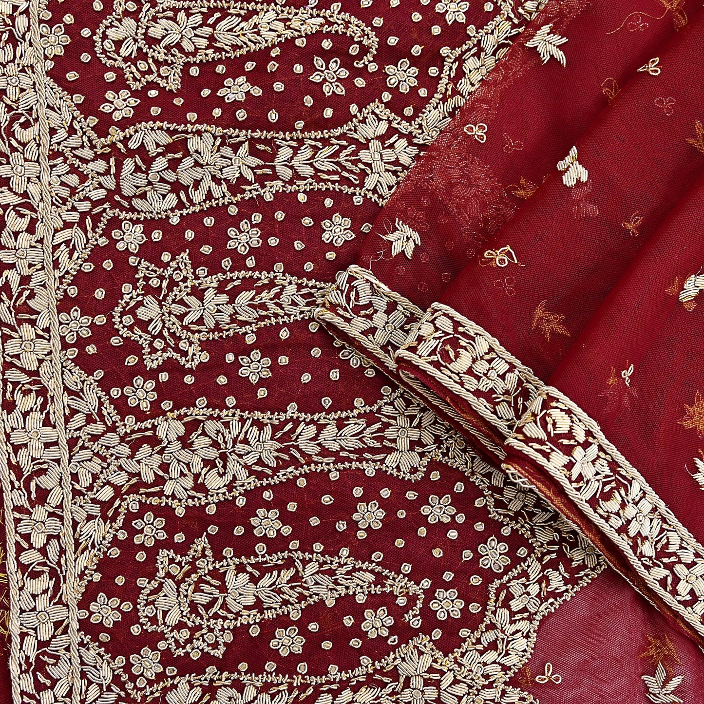 Indian Vintage Heavy Red Dupatta Net Mesh Long Stole Hand Embroidered Scarves Golden Zardozi Zari Sequins Stole