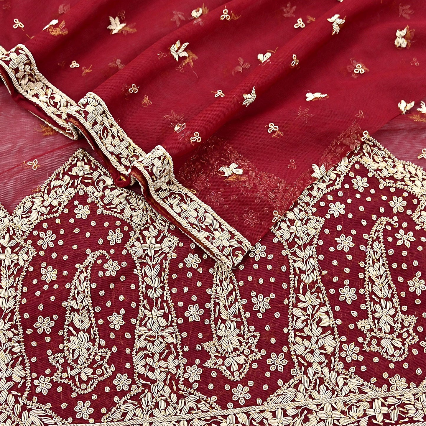 Indian Vintage Heavy Red Dupatta Net Mesh Long Stole Hand Embroidered Scarves Golden Zardozi Zari Sequins Stole