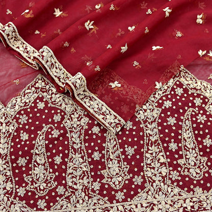 Indian Vintage Heavy Red Dupatta Net Mesh Long Stole Hand Embroidered Scarves Golden Zardozi Zari Sequins Stole