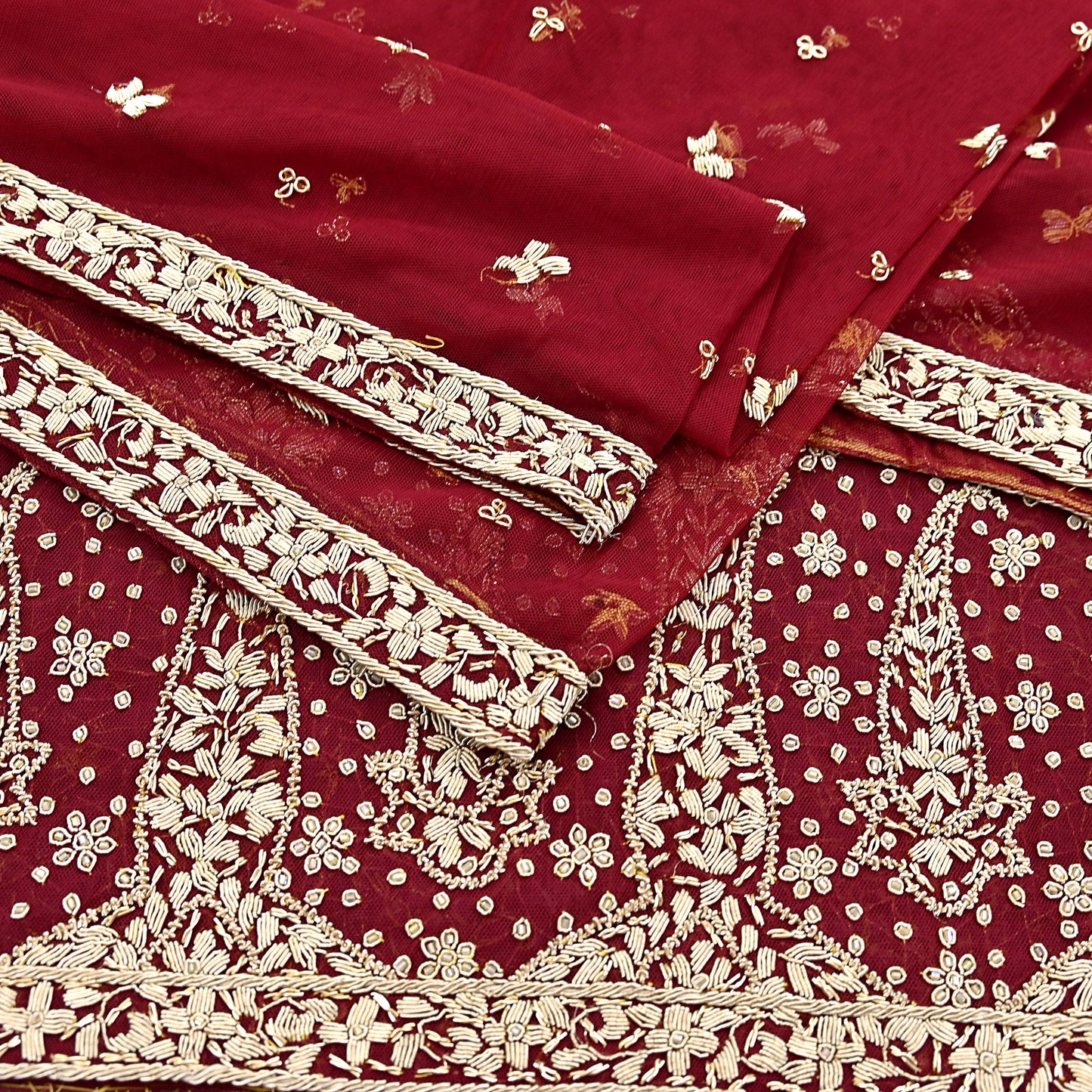 Indian Vintage Heavy Red Dupatta Net Mesh Long Stole Hand Embroidered Scarves Golden Zardozi Zari Sequins Stole