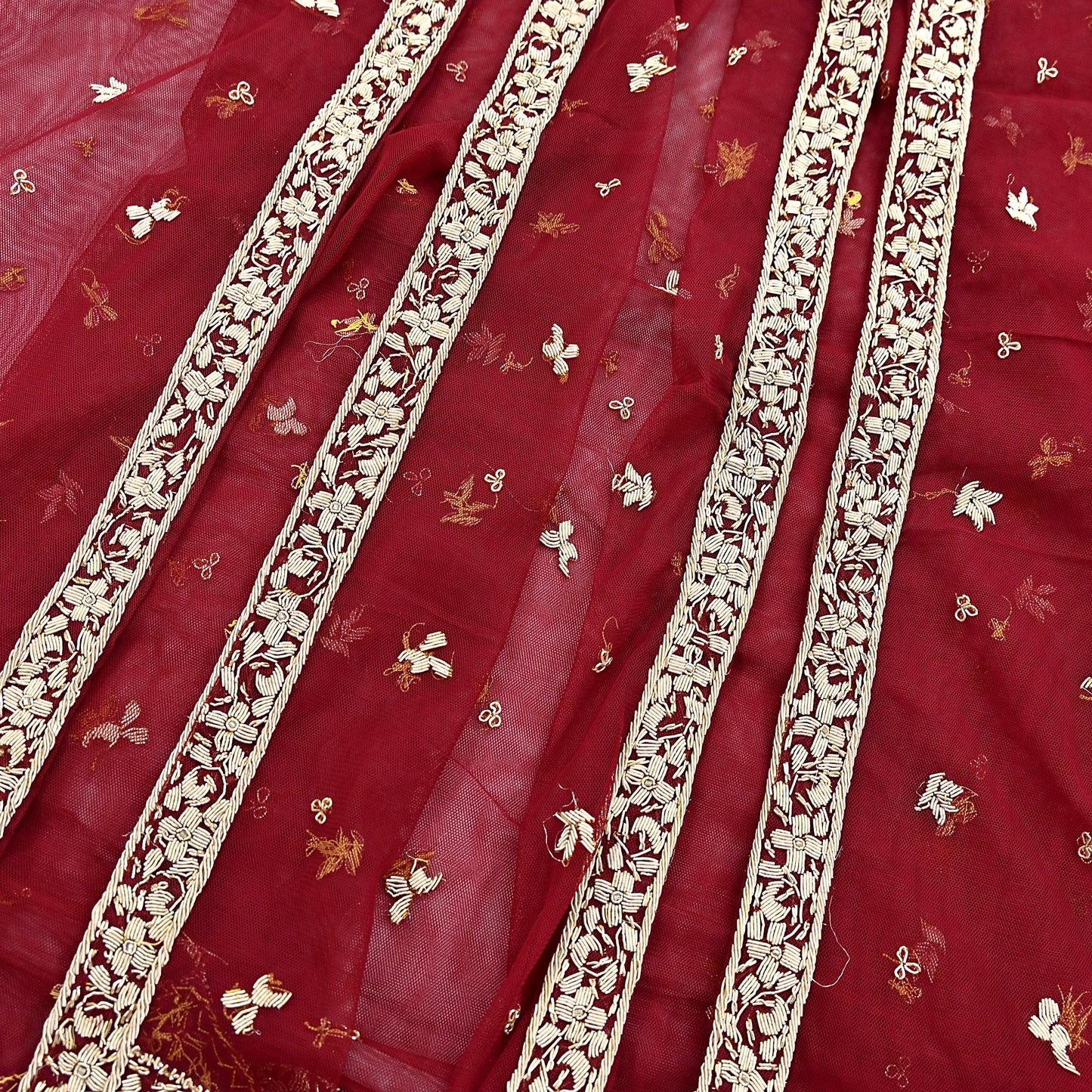 Indian Vintage Heavy Red Dupatta Net Mesh Long Stole Hand Embroidered Scarves Golden Zardozi Zari Sequins Stole