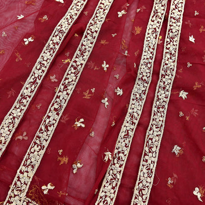 Indian Vintage Heavy Red Dupatta Net Mesh Long Stole Hand Embroidered Scarves Golden Zardozi Zari Sequins Stole