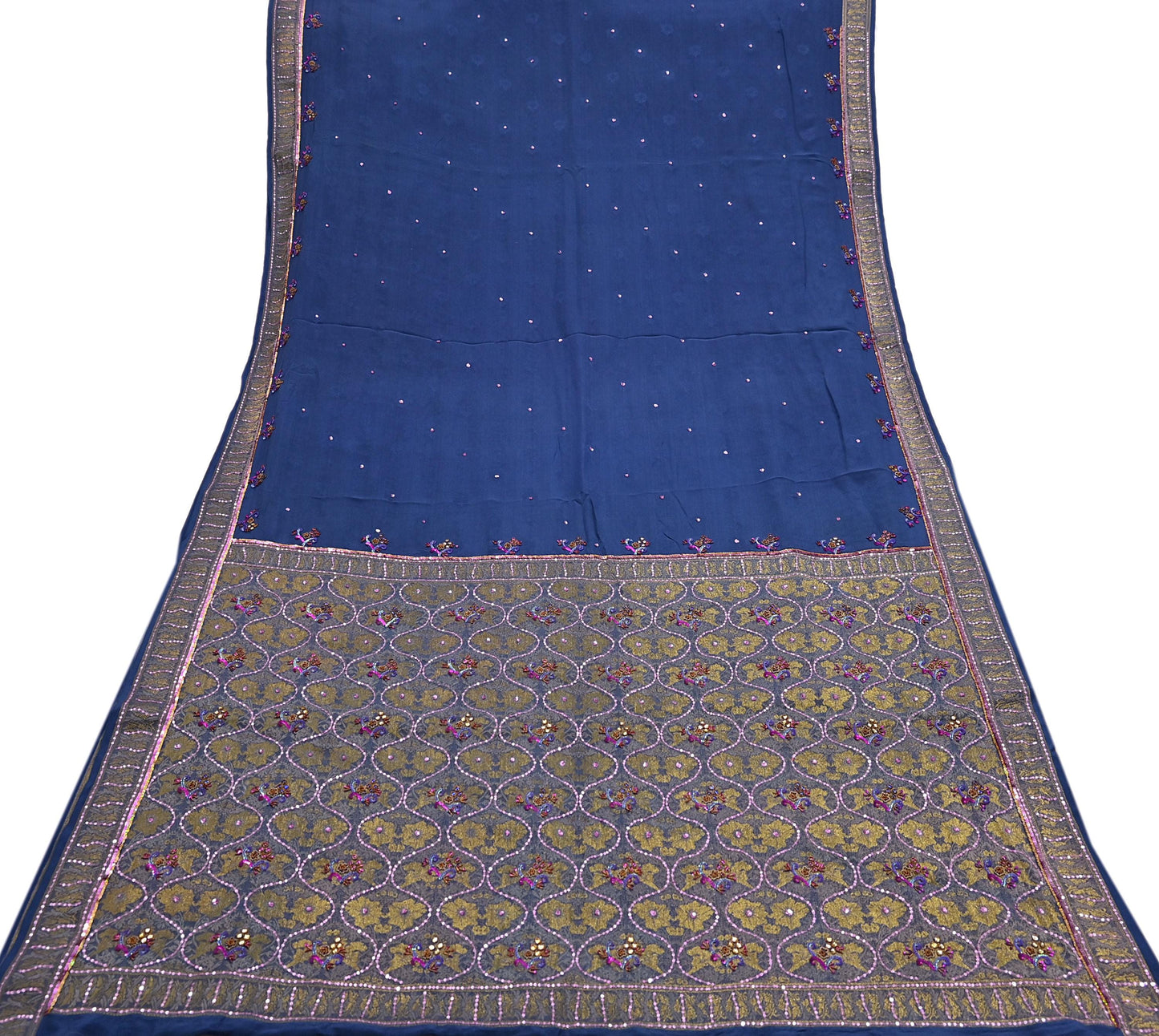 Indian Vintage Heavy Sari Blue Pure Crepe Silk Hand Embroidered Sarees Craft Fabric 6Yd Sewing Zardozi Dress making