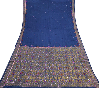 Indian Vintage Heavy Sari Blue Pure Crepe Silk Hand Embroidered Sarees Craft Fabric 6Yd Sewing Zardozi Dress making