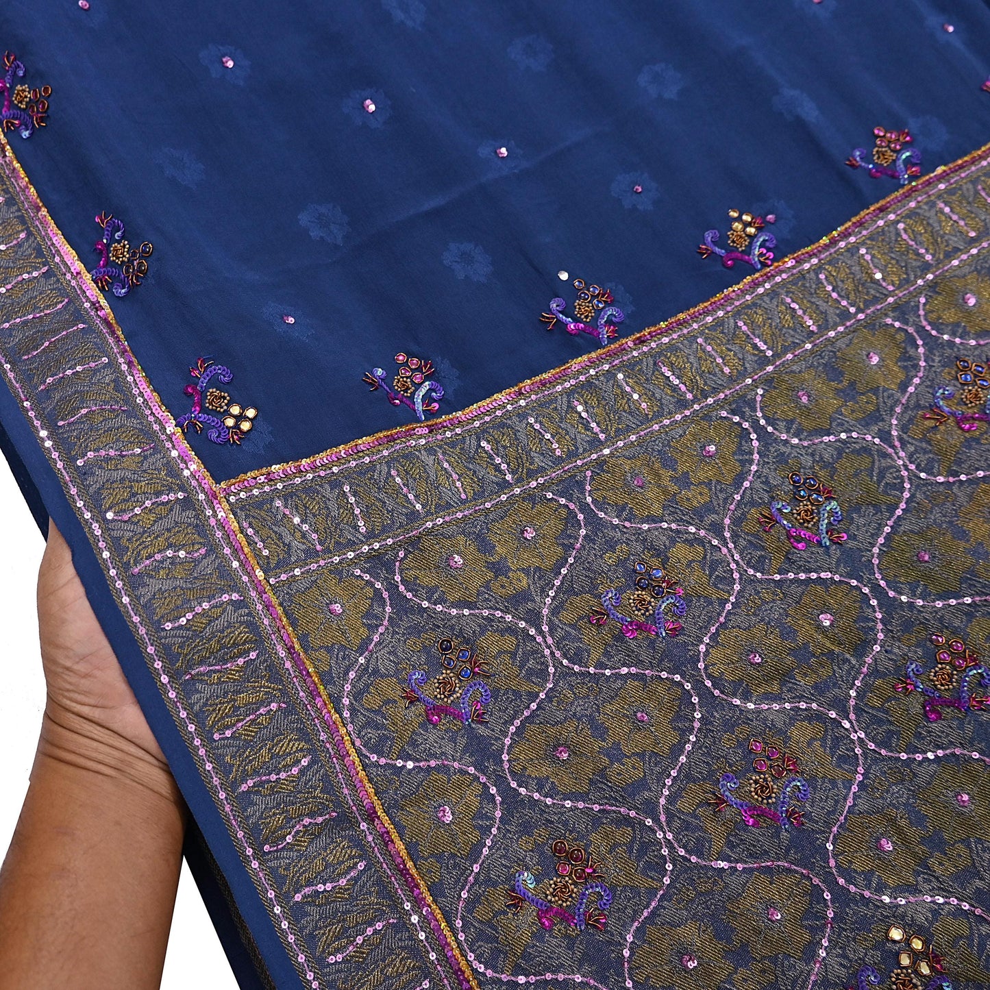 Indian Vintage Heavy Sari Blue Pure Crepe Silk Hand Embroidered Sarees Craft Fabric 6Yd Sewing Zardozi Dress making