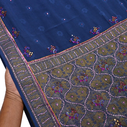 Indian Vintage Heavy Sari Blue Pure Crepe Silk Hand Embroidered Sarees Craft Fabric 6Yd Sewing Zardozi Dress making