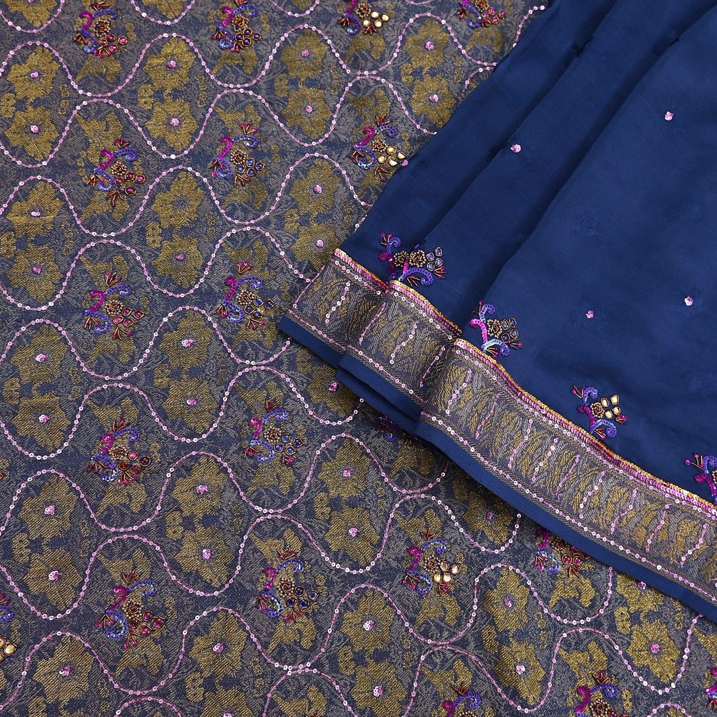 Indian Vintage Heavy Sari Blue Pure Crepe Silk Hand Embroidered Sarees Craft Fabric 6Yd Sewing Zardozi Dress making