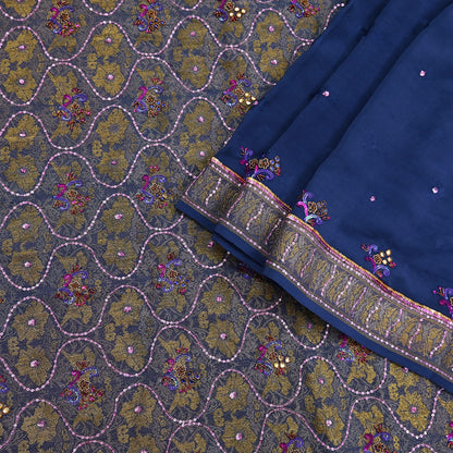 Indian Vintage Heavy Sari Blue Pure Crepe Silk Hand Embroidered Sarees Craft Fabric 6Yd Sewing Zardozi Dress making