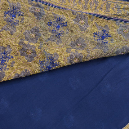 Indian Vintage Heavy Sari Blue Pure Crepe Silk Hand Embroidered Sarees Craft Fabric 6Yd Sewing Zardozi Dress making
