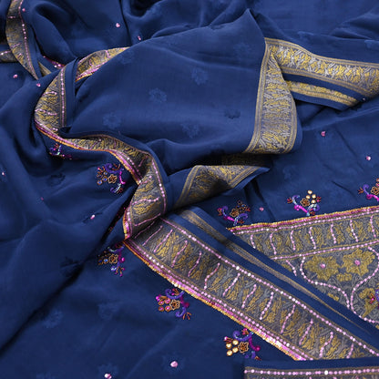 Indian Vintage Heavy Sari Blue Pure Crepe Silk Hand Embroidered Sarees Craft Fabric 6Yd Sewing Zardozi Dress making