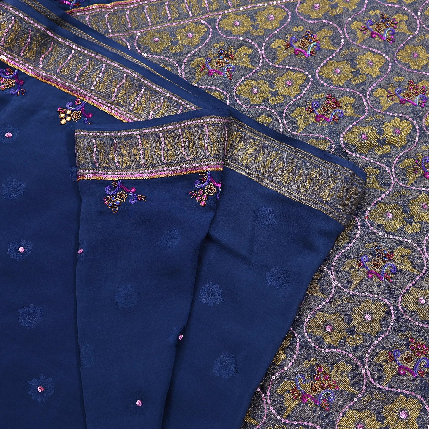 Indian Vintage Heavy Sari Blue Pure Crepe Silk Hand Embroidered Sarees Craft Fabric 6Yd Sewing Zardozi Dress making