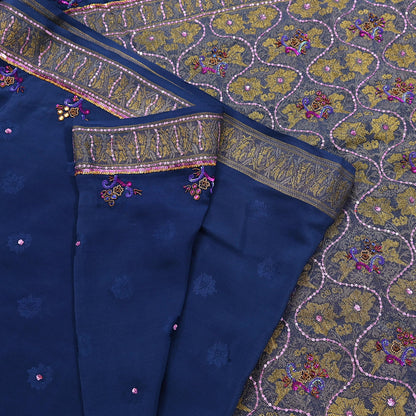 Indian Vintage Heavy Sari Blue Pure Crepe Silk Hand Embroidered Sarees Craft Fabric 6Yd Sewing Zardozi Dress making