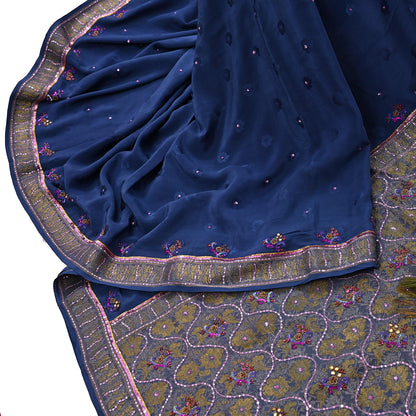 Indian Vintage Heavy Sari Blue Pure Crepe Silk Hand Embroidered Sarees Craft Fabric 6Yd Sewing Zardozi Dress making
