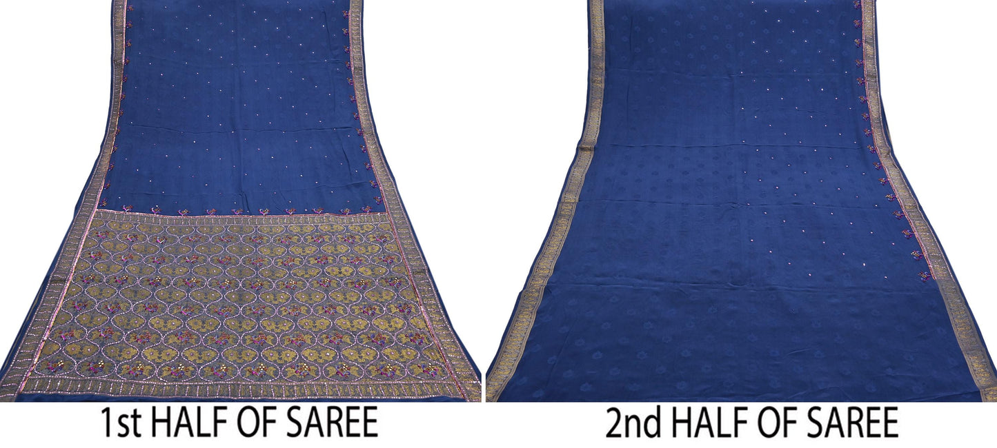 Indian Vintage Heavy Sari Blue Pure Crepe Silk Hand Embroidered Sarees Craft Fabric 6Yd Sewing Zardozi Dress making