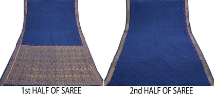 Indian Vintage Heavy Sari Blue Pure Crepe Silk Hand Embroidered Sarees Craft Fabric 6Yd Sewing Zardozi Dress making