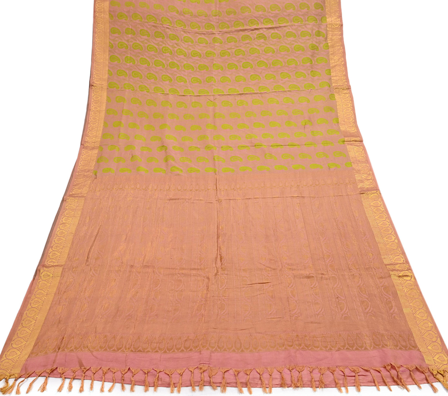 Vintage Kanjivaram Silk Saree Peach & Green Pure Silk Zari Fabric Indian Handwoven 5Yd Craft Material Dressmaking Textile