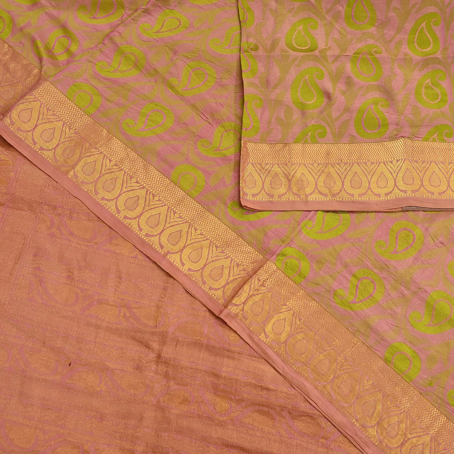 Vintage Kanjivaram Silk Saree Peach & Green Pure Silk Zari Fabric Indian Handwoven 5Yd Craft Material Dressmaking Textile