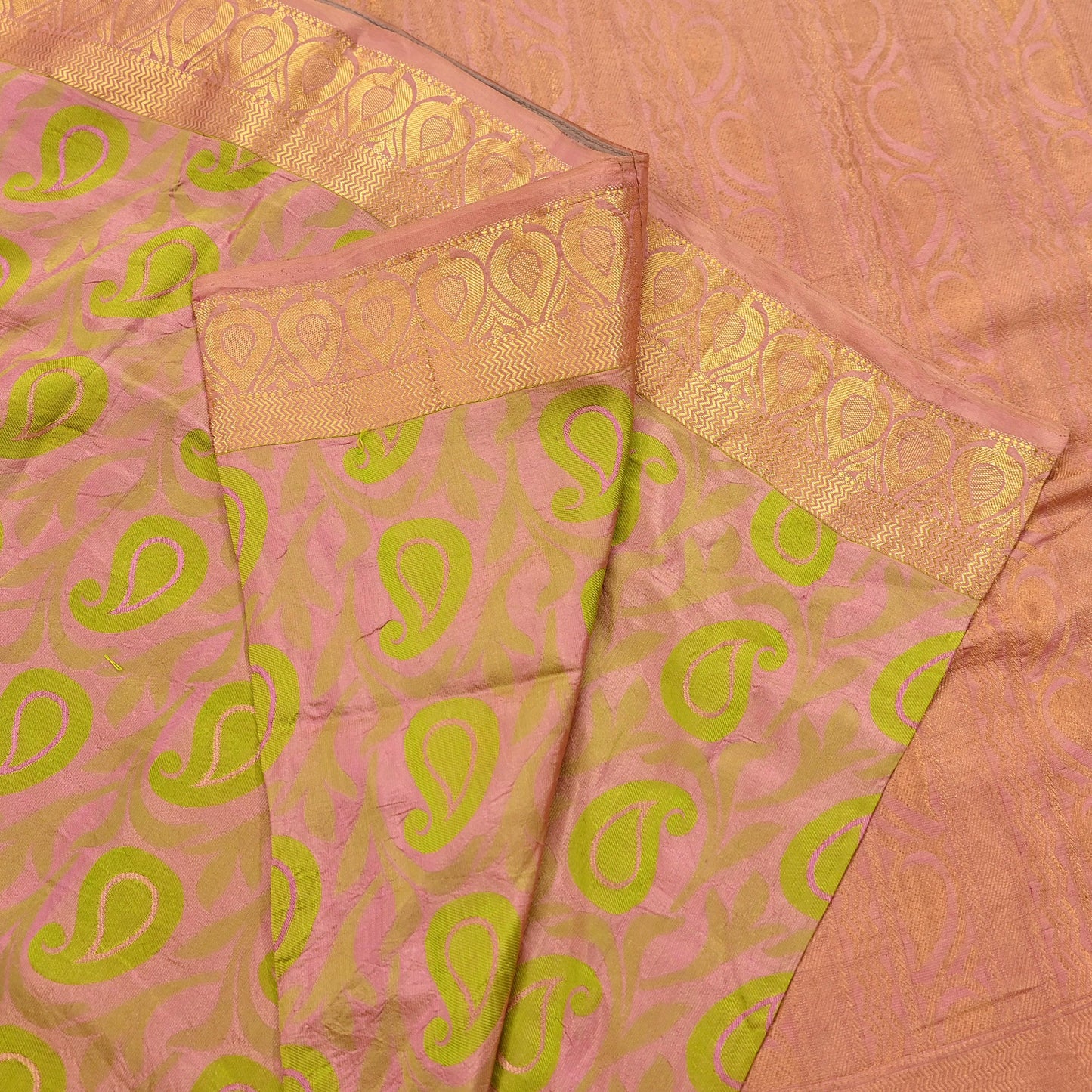 Vintage Kanjivaram Silk Saree Peach & Green Pure Silk Zari Fabric Indian Handwoven 5Yd Craft Material Dressmaking Textile