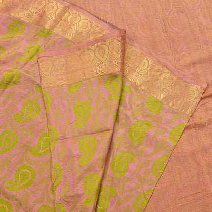 Vintage Kanjivaram Silk Saree Peach & Green Pure Silk Zari Fabric Indian Handwoven 5Yd Craft Material Dressmaking Textile