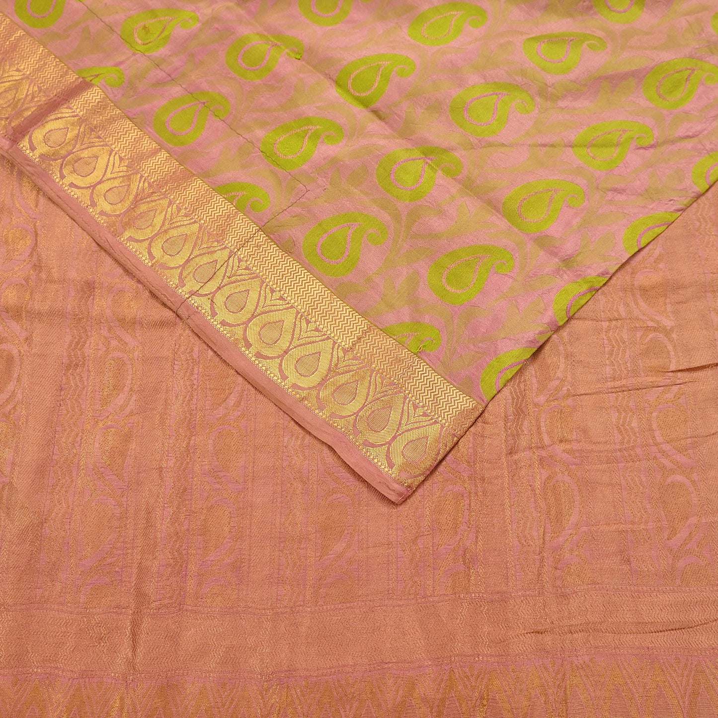 Vintage Kanjivaram Silk Saree Peach & Green Pure Silk Zari Fabric Indian Handwoven 5Yd Craft Material Dressmaking Textile