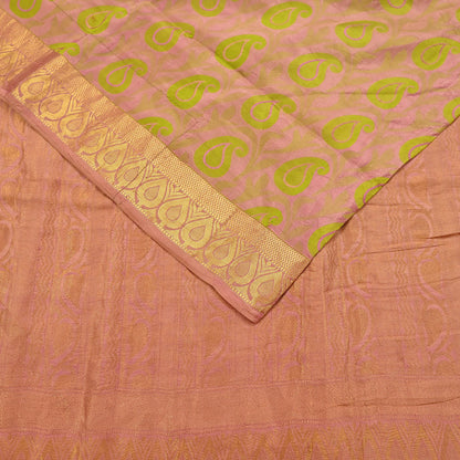 Vintage Kanjivaram Silk Saree Peach & Green Pure Silk Zari Fabric Indian Handwoven 5Yd Craft Material Dressmaking Textile