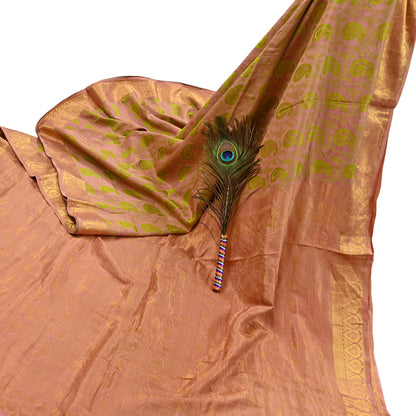 Vintage Kanjivaram Silk Saree Peach & Green Pure Silk Zari Fabric Indian Handwoven 5Yd Craft Material Dressmaking Textile