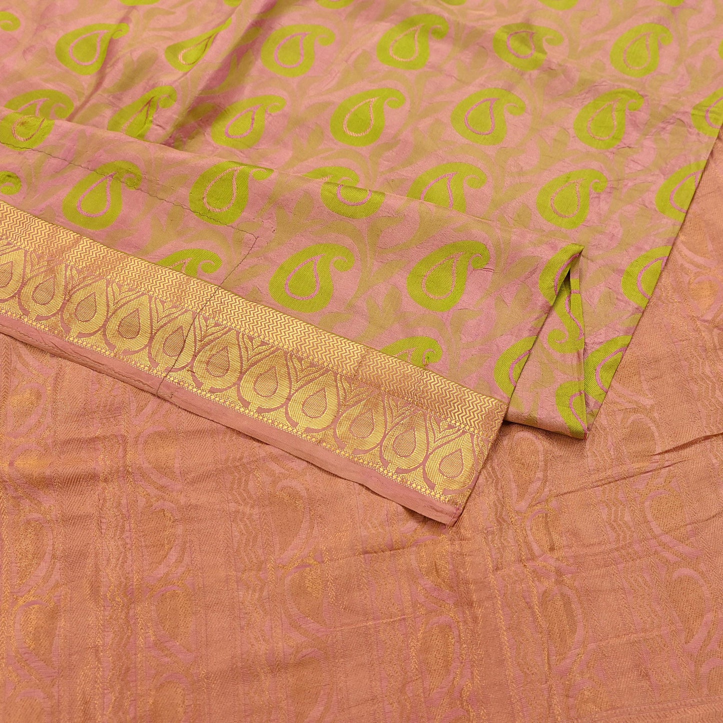 Vintage Kanjivaram Silk Saree Peach & Green Pure Silk Zari Fabric Indian Handwoven 5Yd Craft Material Dressmaking Textile