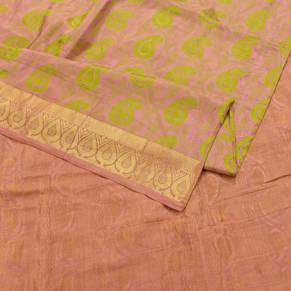 Vintage Kanjivaram Silk Saree Peach & Green Pure Silk Zari Fabric Indian Handwoven 5Yd Craft Material Dressmaking Textile