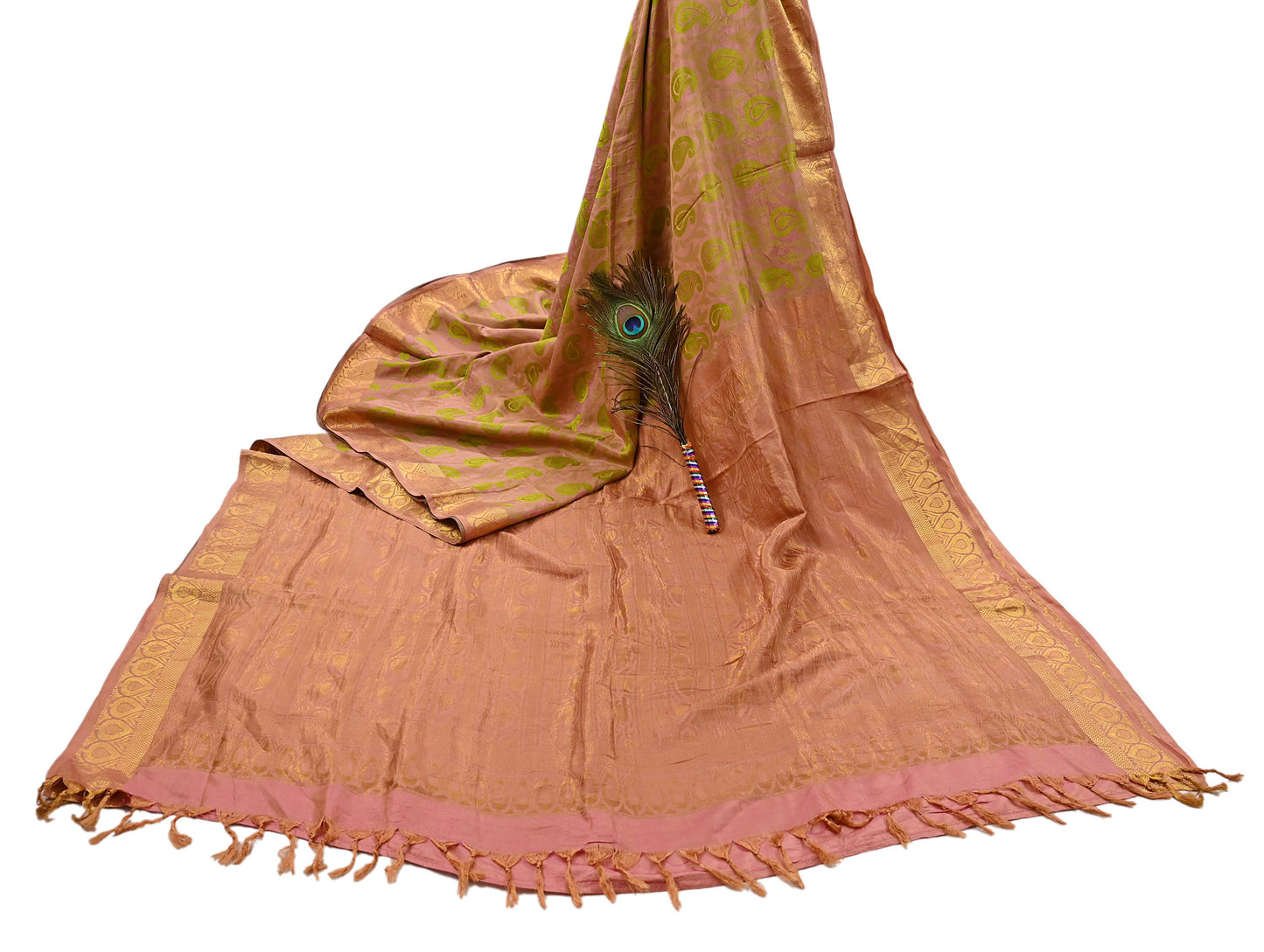 Vintage Kanjivaram Silk Saree Peach & Green Pure Silk Zari Fabric Indian Handwoven 5Yd Craft Material Dressmaking Textile