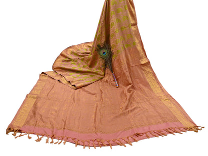 Vintage Kanjivaram Silk Saree Peach & Green Pure Silk Zari Fabric Indian Handwoven 5Yd Craft Material Dressmaking Textile