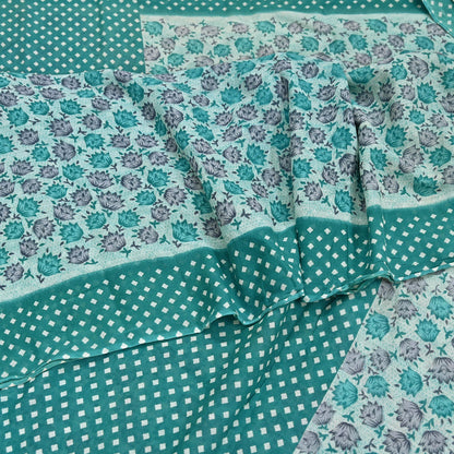 Indian Vintage Sari Green & White Printed Pure Cotton Sarees 5Yd Craft Fabric Soft Sewing Sarong Wrap Boho Upcycle quilting Dress making