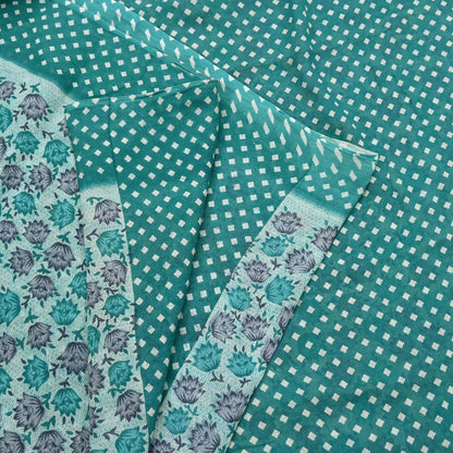 Indian Vintage Sari Green & White Printed Pure Cotton Sarees 5Yd Craft Fabric Soft Sewing Sarong Wrap Boho Upcycle quilting Dress making